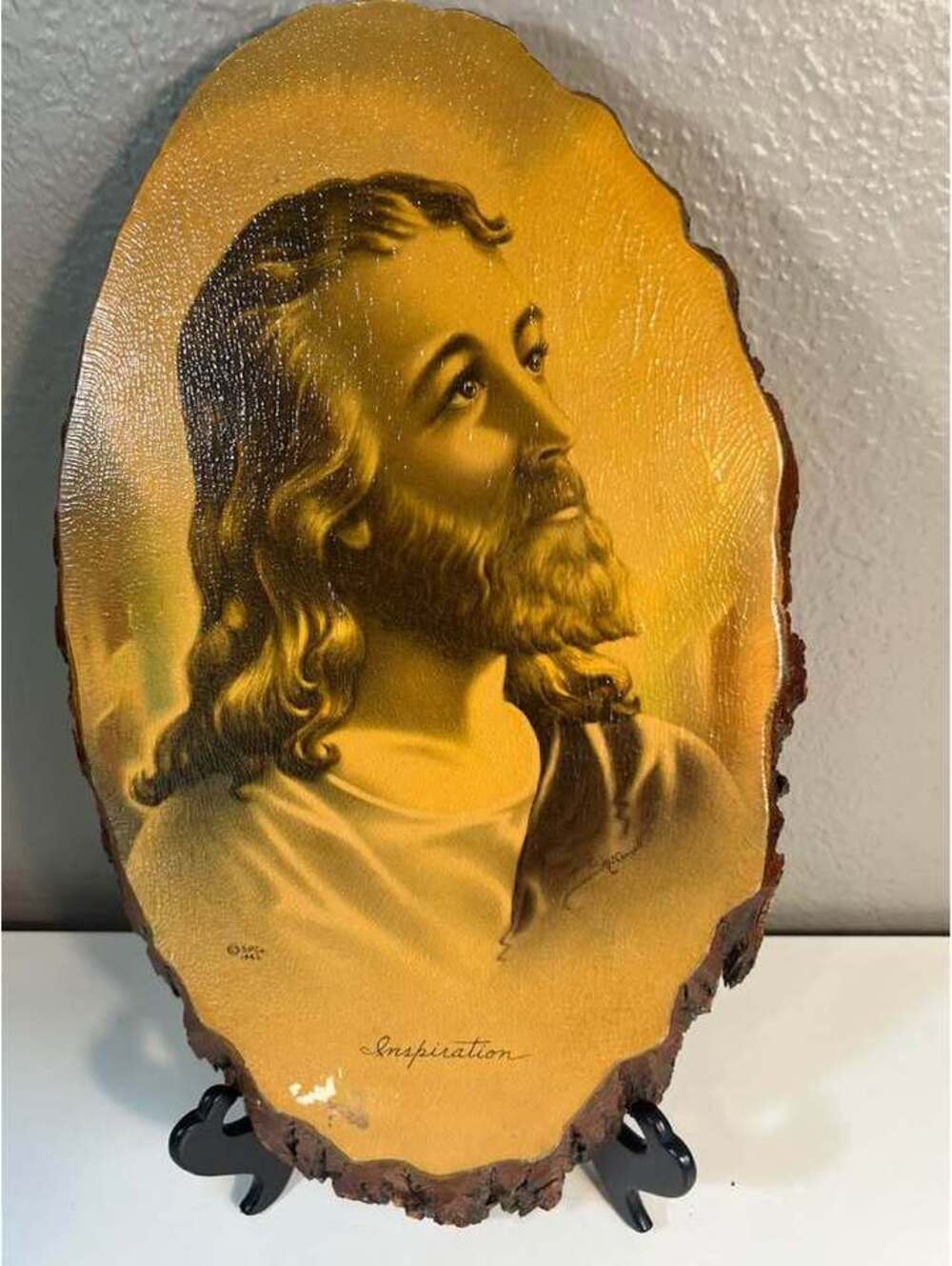 Vintage 1942 Inspiration Jesus Portrait Wood Slice Plaque Bark 17.5"